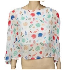 Carolina K 100% Silk Cropped Floral Top 3/4 Sleeves Size S Partially Lined